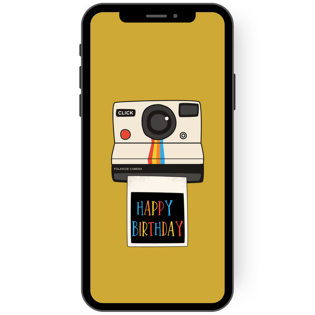 eCard mit einer hippen Polaroid-Kamera, aus der ein Foto mit dem Geburtstagsgruß "Happy Birthday" kommt