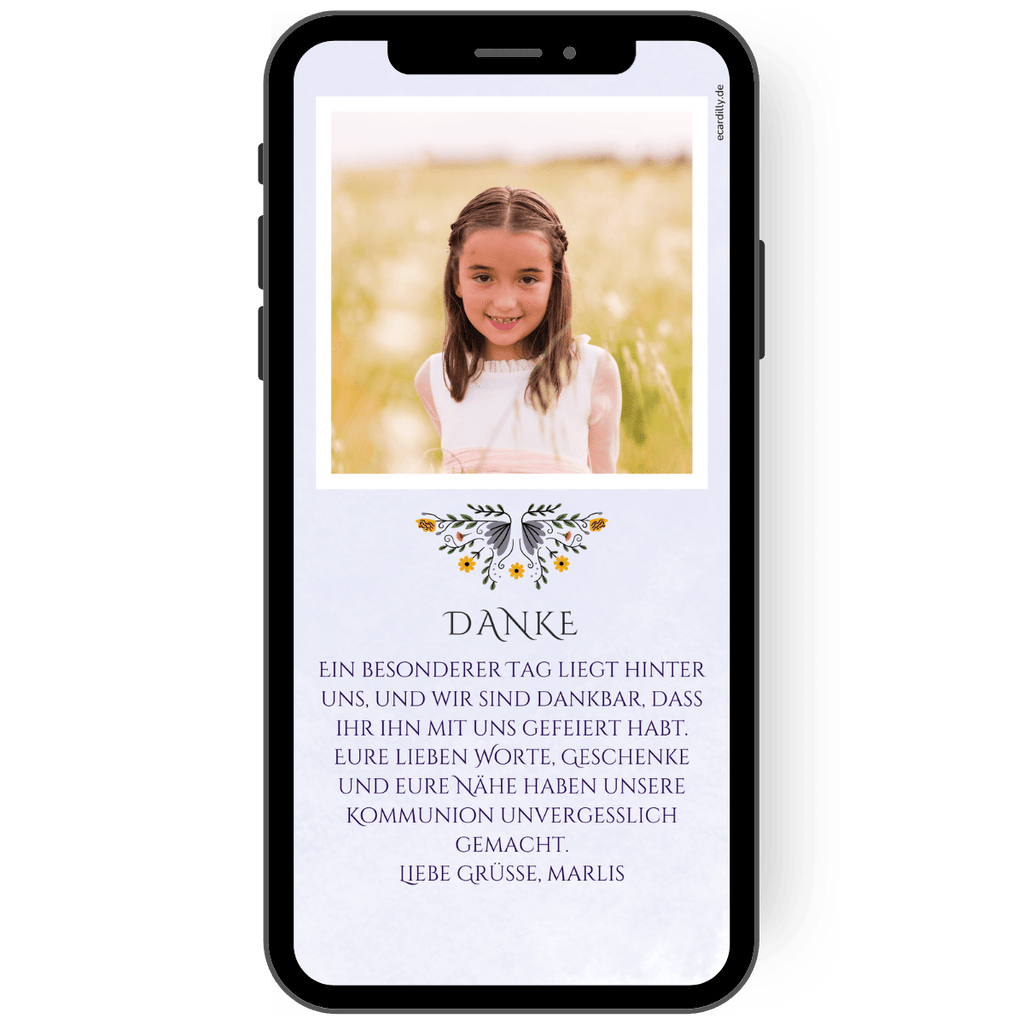 Danksagung zur Erstkommunion mit Foto und floralem Muster