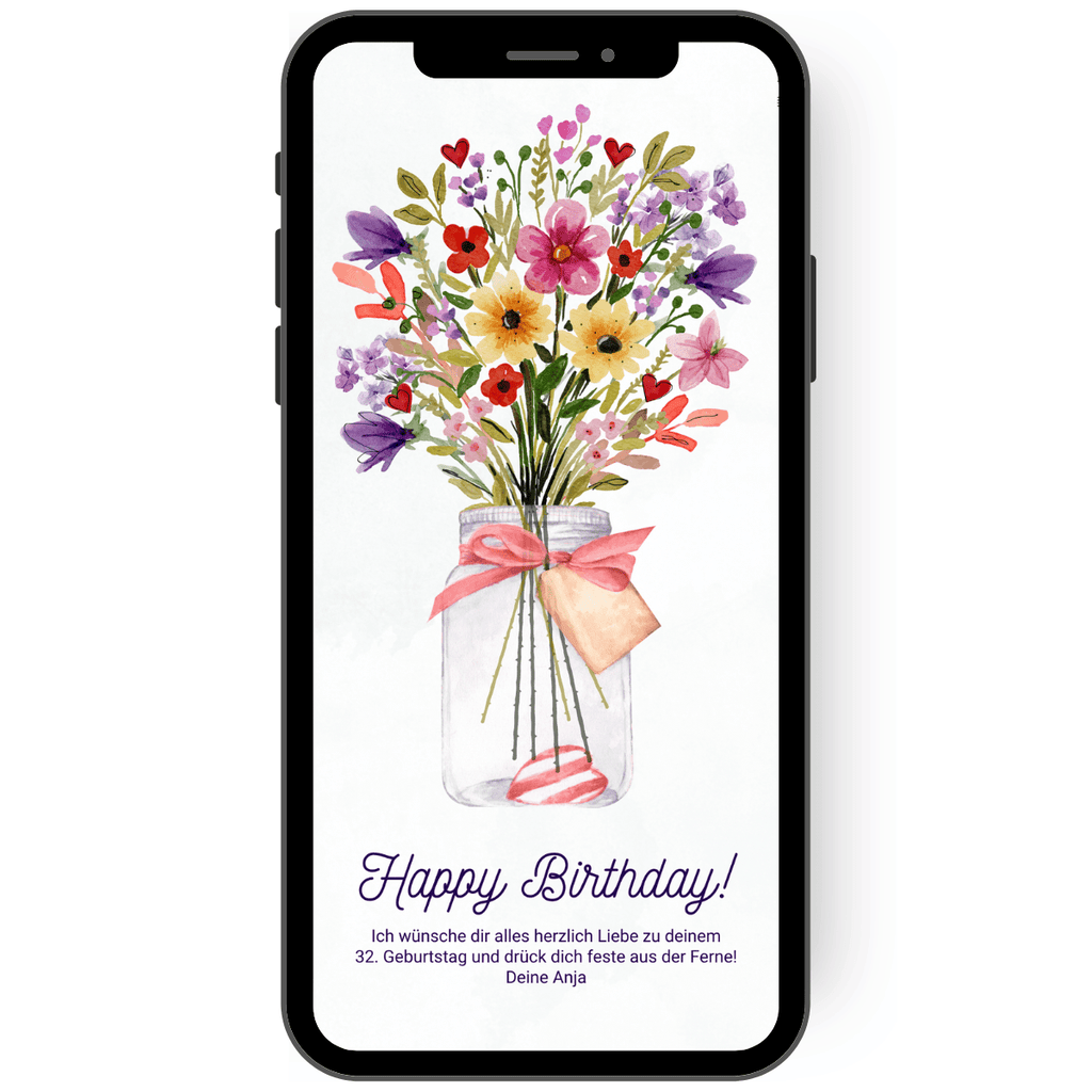 Geburtstagskarte WhatsApp mit einem herzlichen schoenen Blumenstrauss aus bunten Wiesenblumen