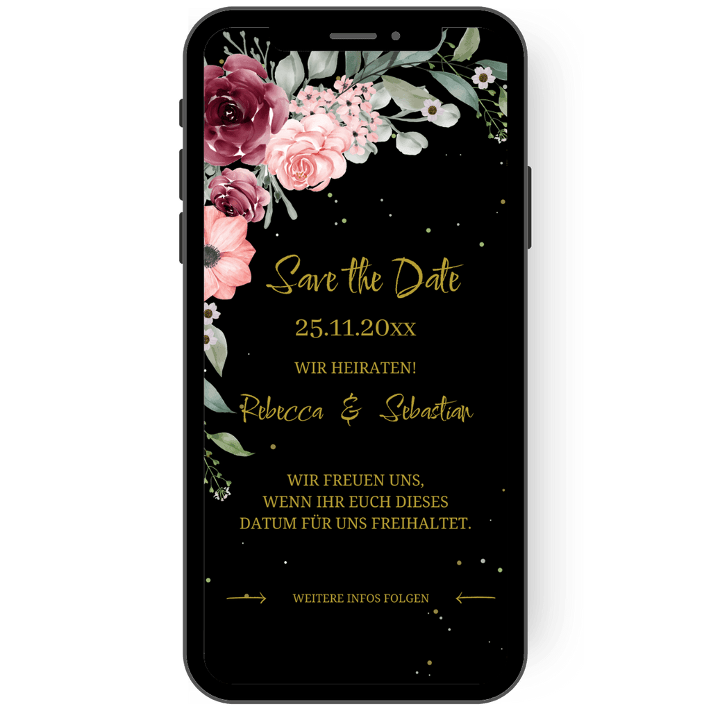 Wunderschöne digitale Save the Date Karte zur Hochzeit mit Rosen schwarzem Hintergrund und goldener Schrift