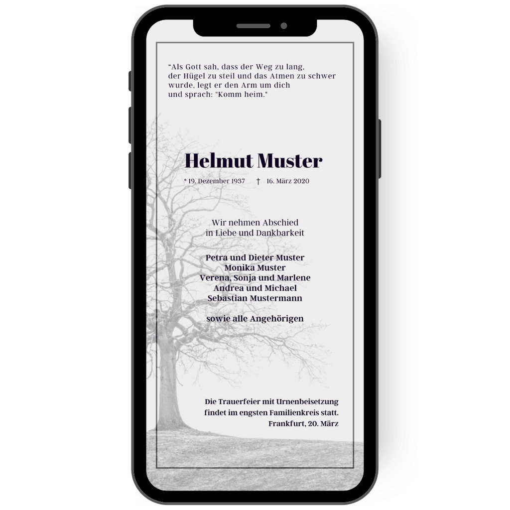 Traueranzeige mit einem Baum als Hintergrundmotiv sowie allen wichtigen Infos zum Verstorbenen sowie zur Trauerfeier de
