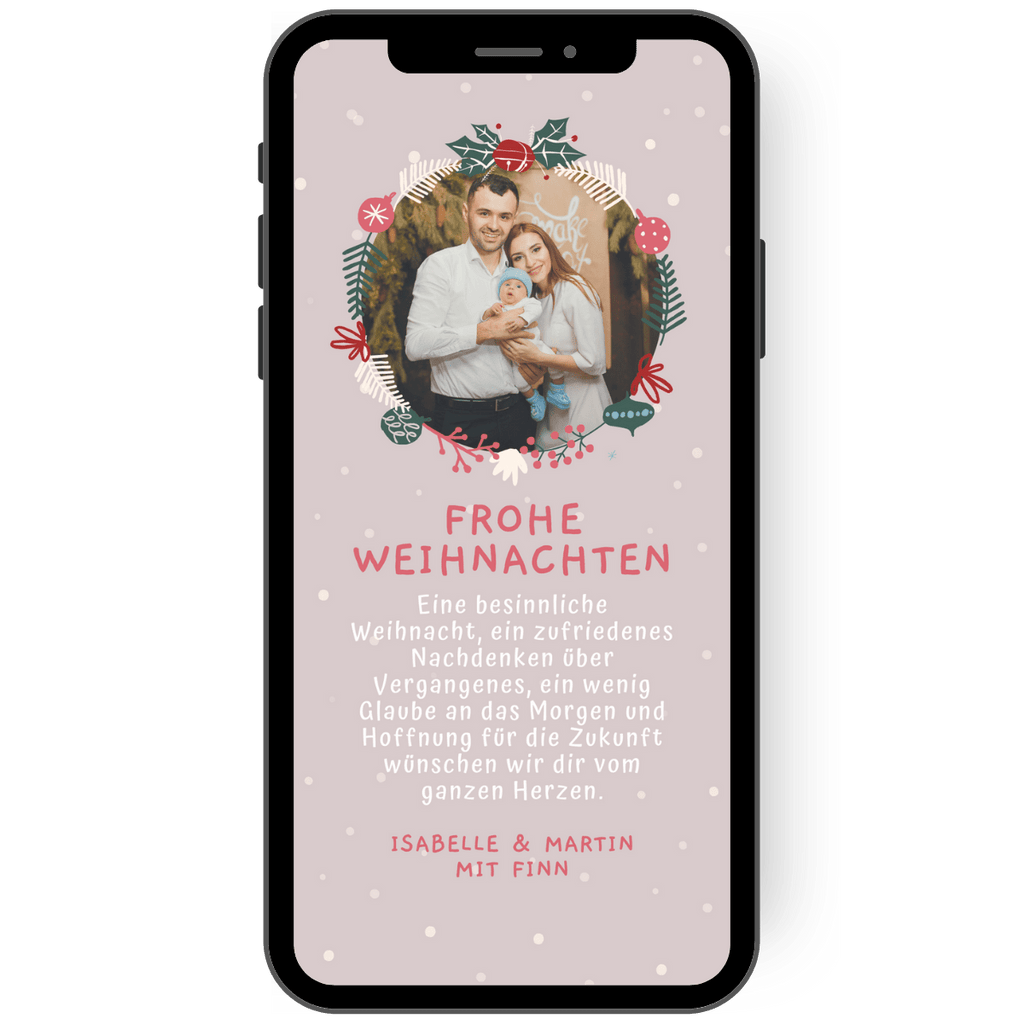 Weihnachtskarte als eCard oder digitale Karte mit Pastellfarbenen Hintergrund und einem Kranz mit Kugeln und Zweigen. Darin ein schönes Familienfoto de