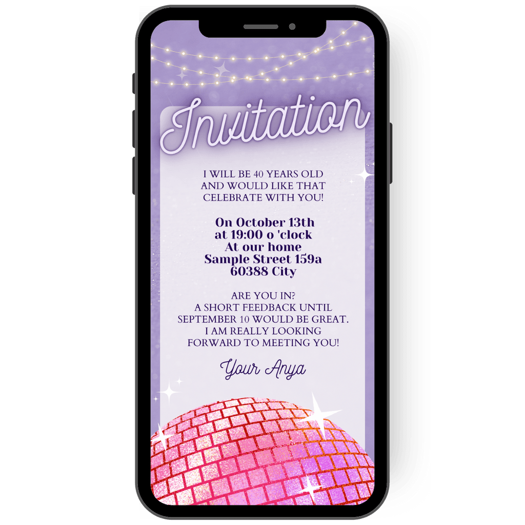 Digital invitation in purple, pink, pink, lilac with disco ball and fairy lights