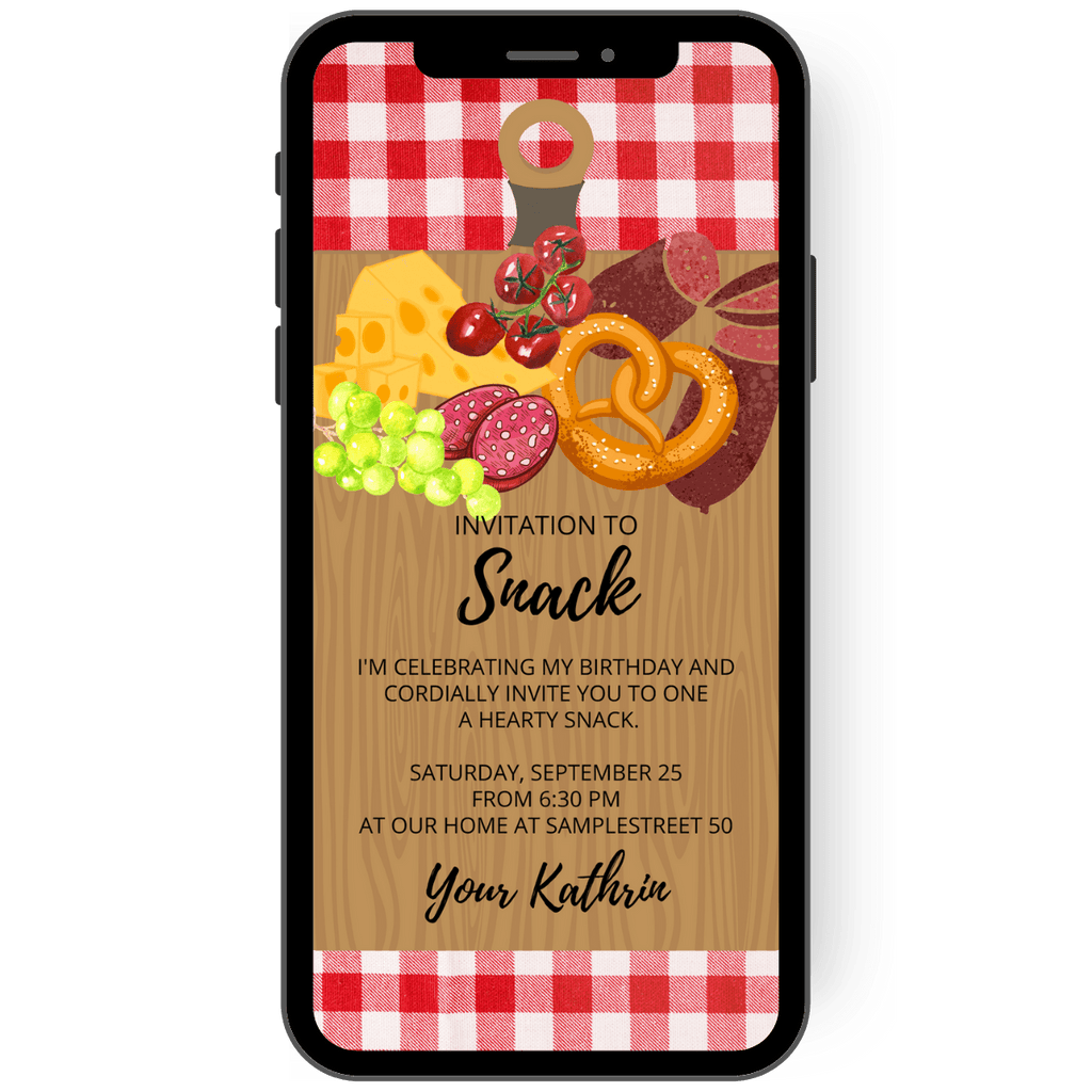 A red and white checkered tablecloth, cheese, sausage and pretzels - everything you need for a hearty snack is depicted on this birthday invitation card.