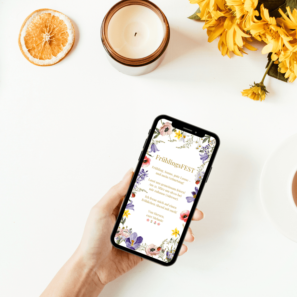 Einladung zum Fruehlingsfest bunte Blumen