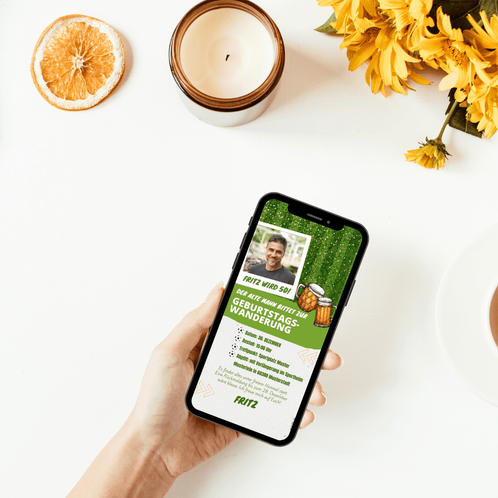 eCard zur Fußballparty - 50ster - mit Foto - einfach per WhatsApp versenden - Grün und Weiß - digital
