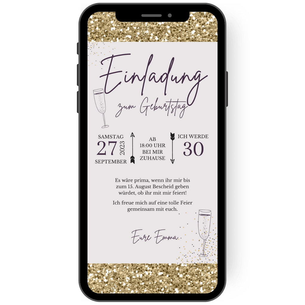 Einladungskarte in gold und lila um mit Glanz und Konfetti zum Geburtstag einzuladen. Eine eCard versendest du einfach mit deinem Smartphone als digitale Einladungskarte.