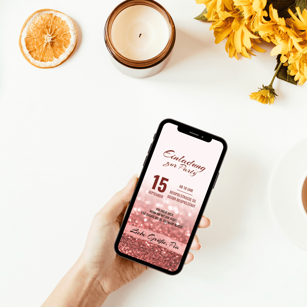 Einladungskarte mit Glitter Glanz Pailletten in rot laden zur Geburtstagsparty ein. Einladungskarte als digitale Einladung mit dem Smartphone versenden.