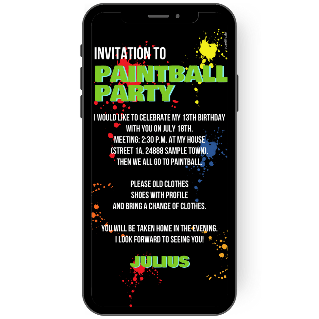 Paint ball party: invitation card in black with colorful splashes of paint from the paint ball event . Invitation for theme party and birthday