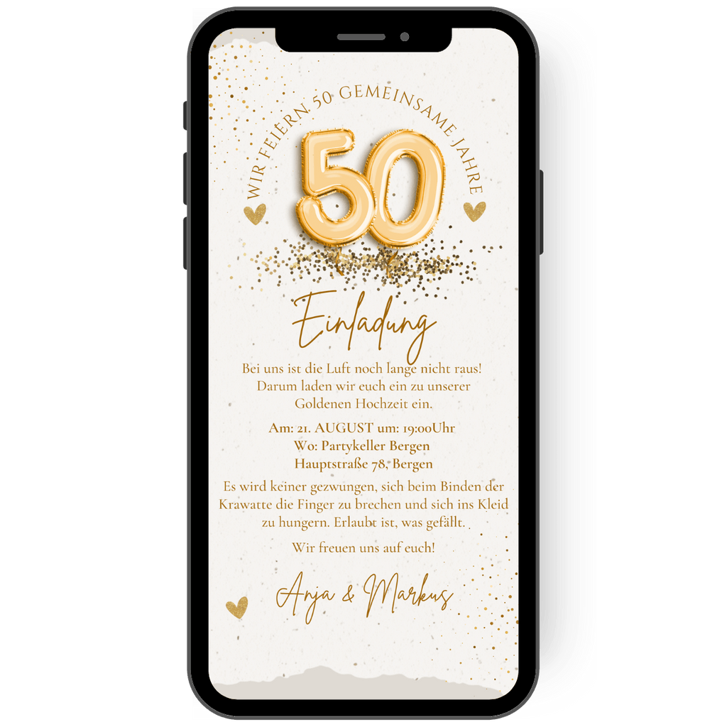 eCard mit goldener 50 aus Folienballons moderenes Design um digital oder als whatsapp vorlage einzuladen