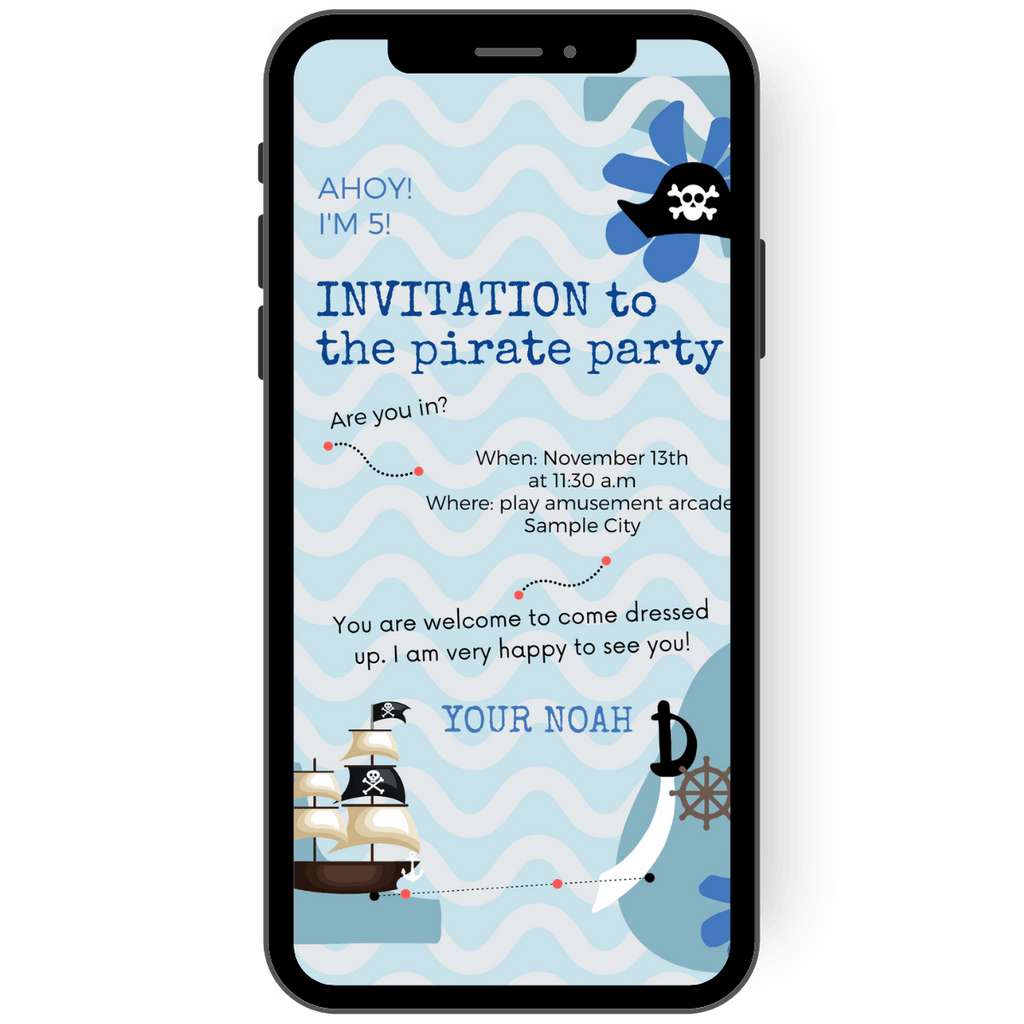 Children's birthday party invitation in blue with pirate motif Ahoy