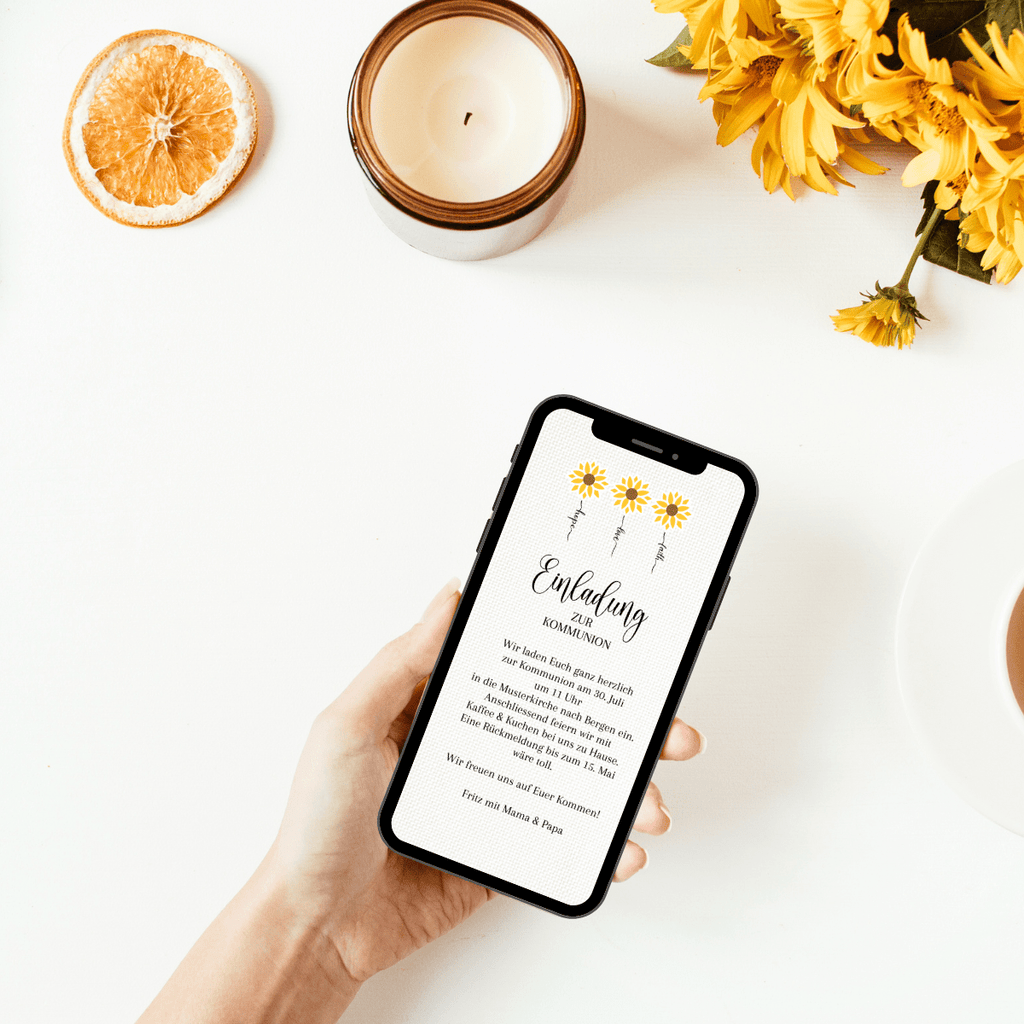 Einladungskarte zur Kommunion modern und dezent mit Sonnenblumen