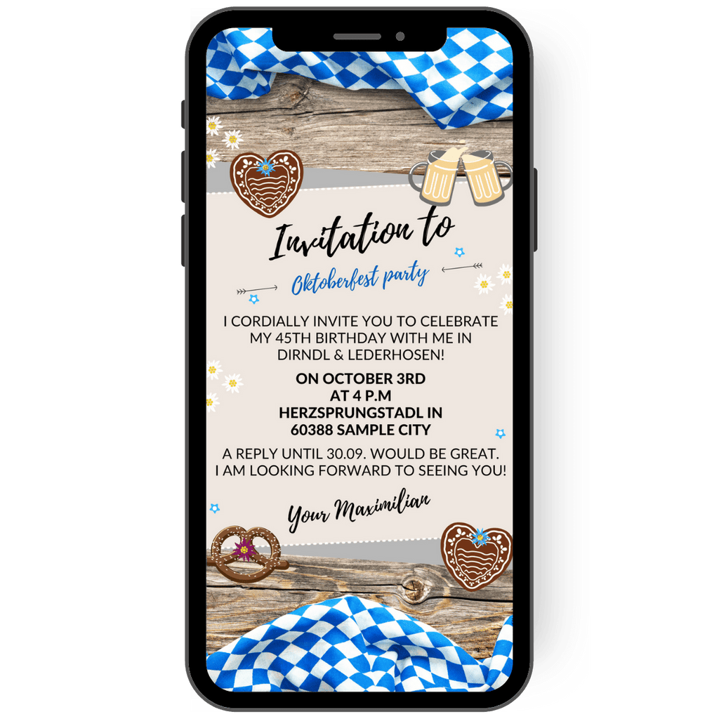 Paperless invitation card to the Oktoberfest or Oktoberfest party with a heart-shaped cake, beer mugs, pretzels and a rustic tablecloth in blue and white