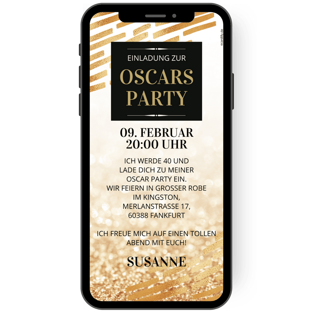 Einladung angelehnt an die großen Oscar-Verleihungen. Lade alle zu einer Oscars Party ein - glamouröses Fest mit moderner, stilsicherer Einladung