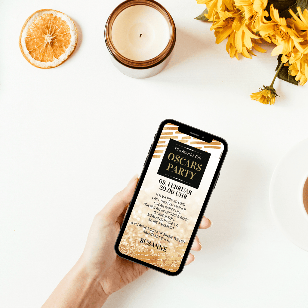 Einladung angelehnt an die großen Oscar-Verleihungen. Lade alle zu einer Oscars Party ein - glamouröses Fest mit moderner, stilsicherer Einladung