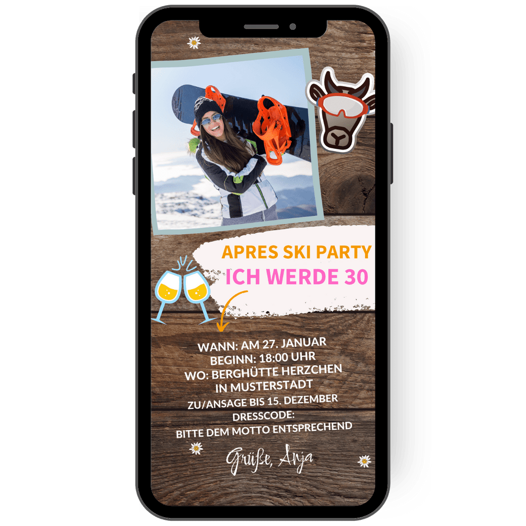 Tolle WhatsApp Einladung zur Mottoparty Apres Ski mit Foto und individuellem Text. Die Einladung hat einen rustikalen Hintergrund in Holzoptik und ist mit einer Schrift in orange, pink und weiss zu gestalten.