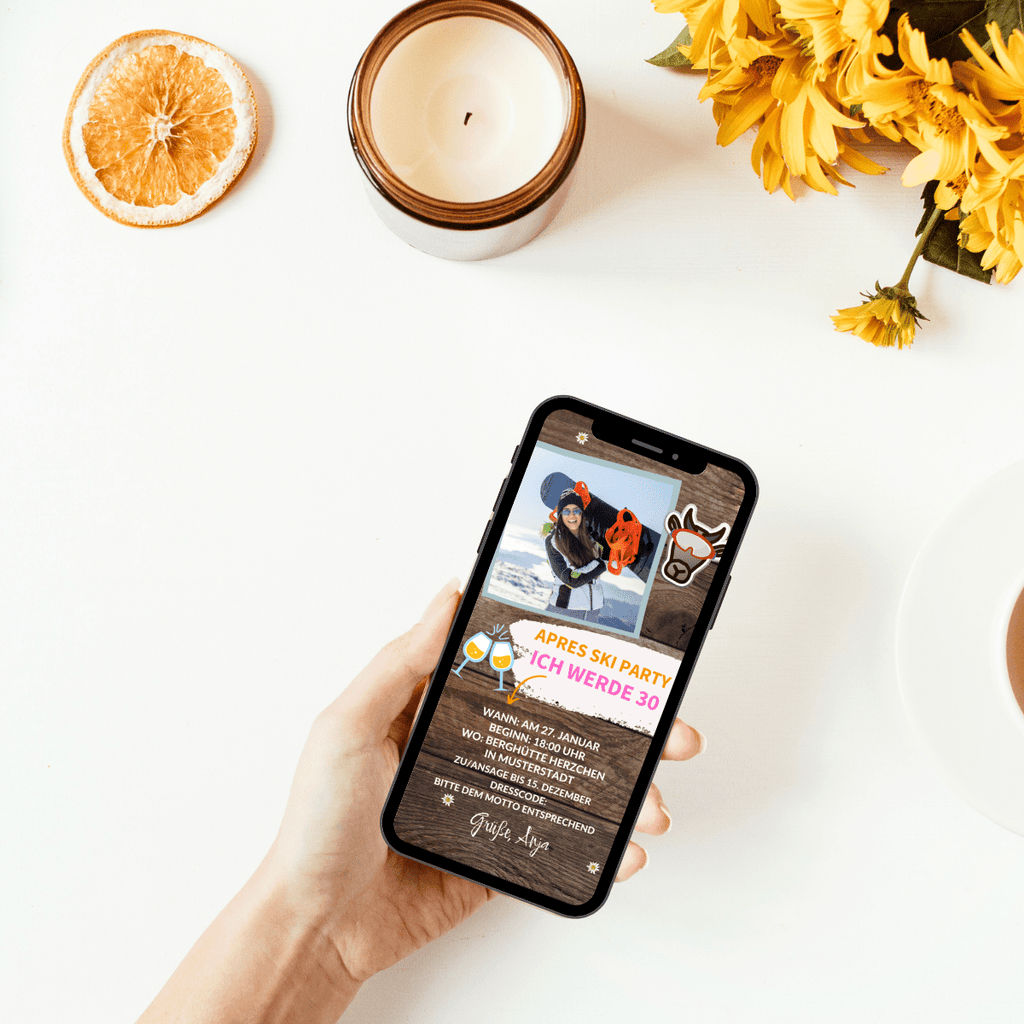 Tolle WhatsApp Einladung zur Mottoparty Apres Ski mit Foto und individuellem Text. Die Einladung hat einen rustikalen Hintergrund in Holzoptik und ist mit einer Schrift in orange, pink und weiss zu gestalten.