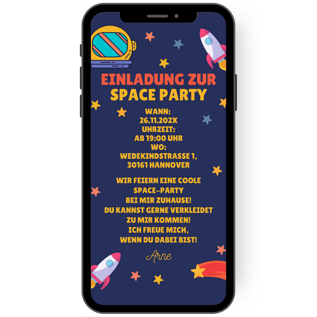 Dunkelblaue Einladung mit Rakete, Sternen, Sternschnuppe und Weltraum-Motiven für Kindergeburtstag und Space-Party