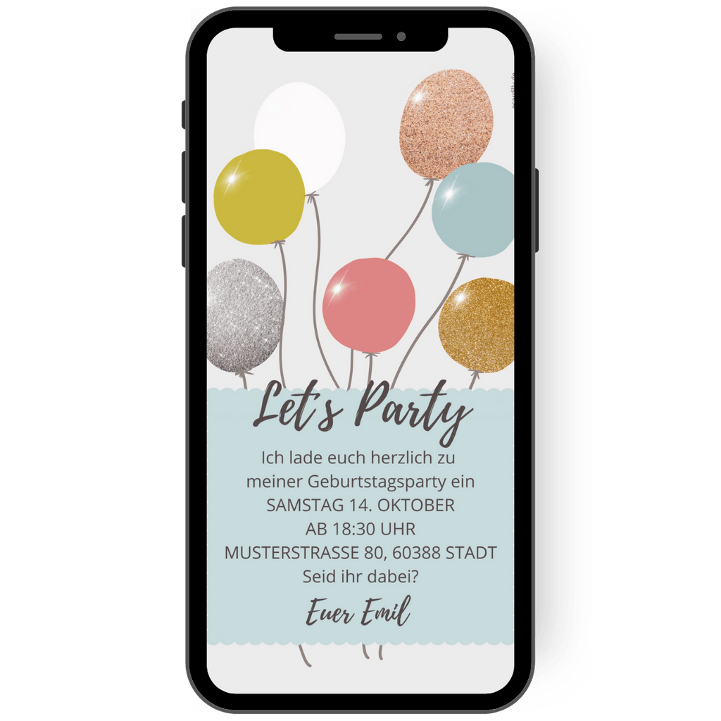 Let's Party! Einladung zu deiner Geburtstagsparty - eCard - Ballon - Glitter - Glanz - WhatsApp