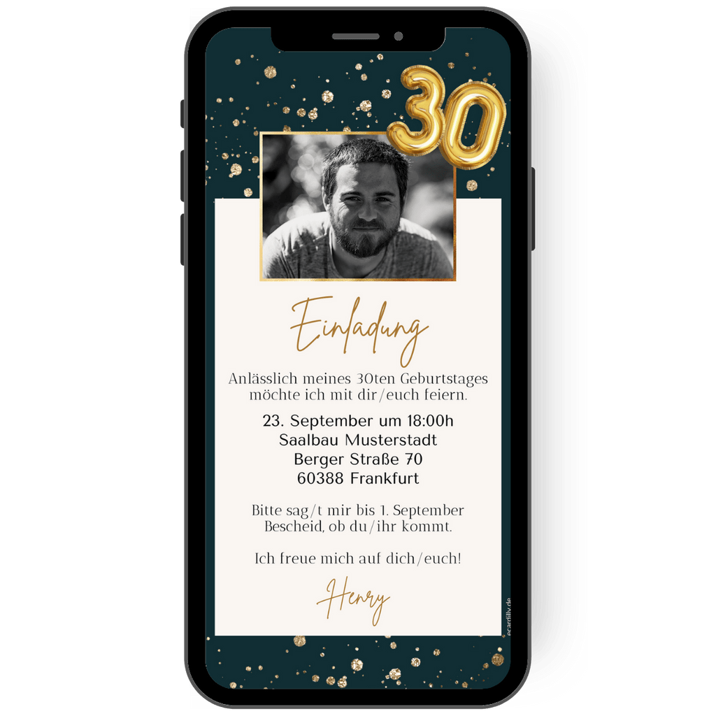 Tolle digitale Einladungskarte zum 30 Geburtstag mit Jahreszahl in gold und Foto