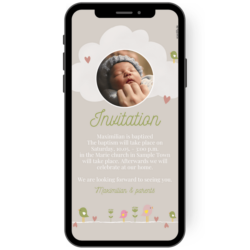 Christening invitation in beige with little birds, flowers and red hearts. with your own photo