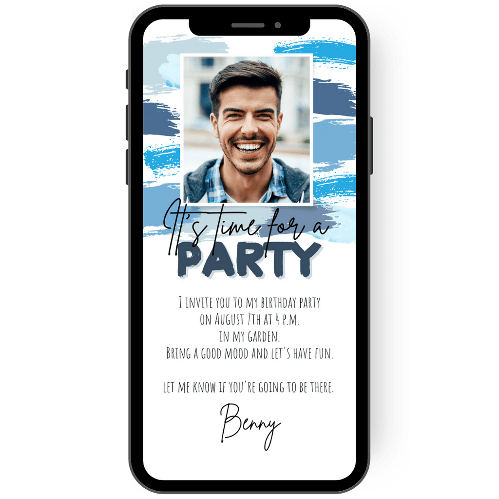 Digital invitation in shades of blue and photo for men