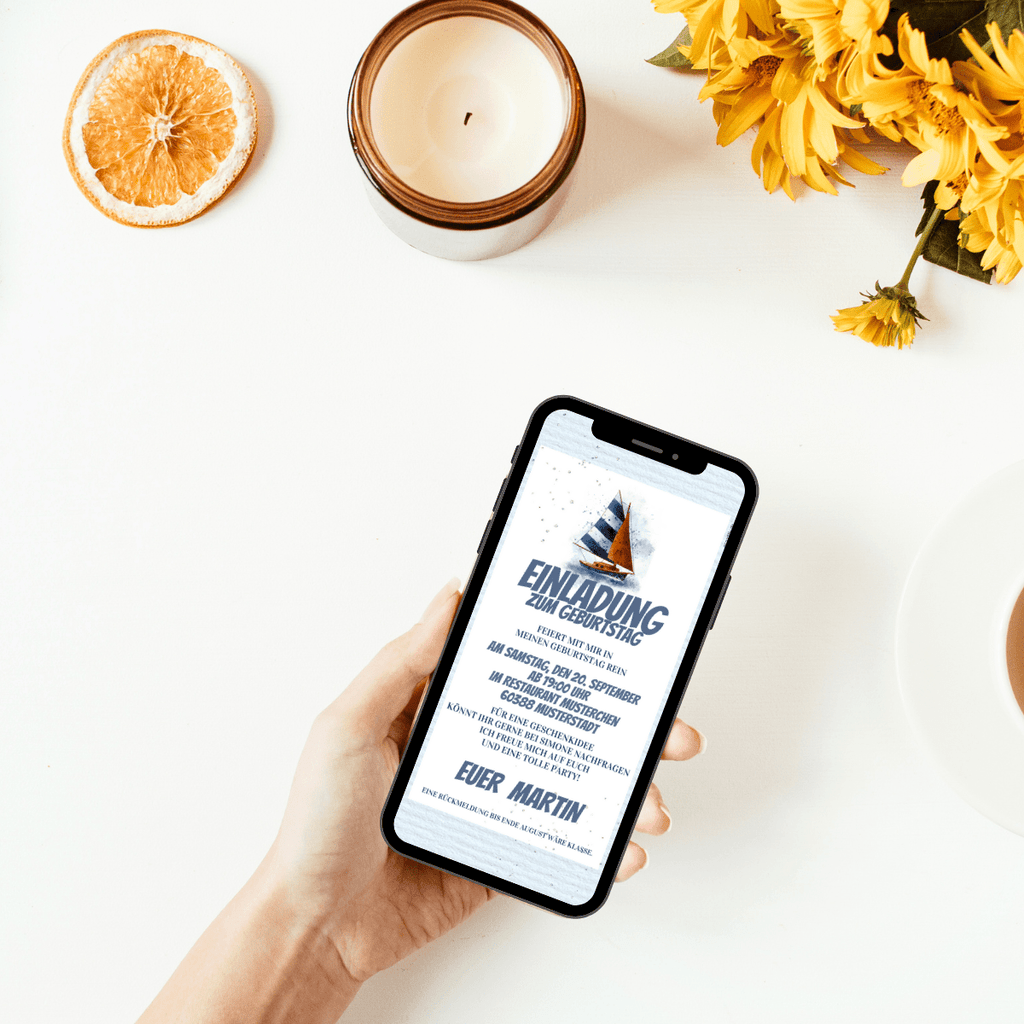 Maritime Vorlage Whatsapp Einladung mit Segelboot in blau weiss rot