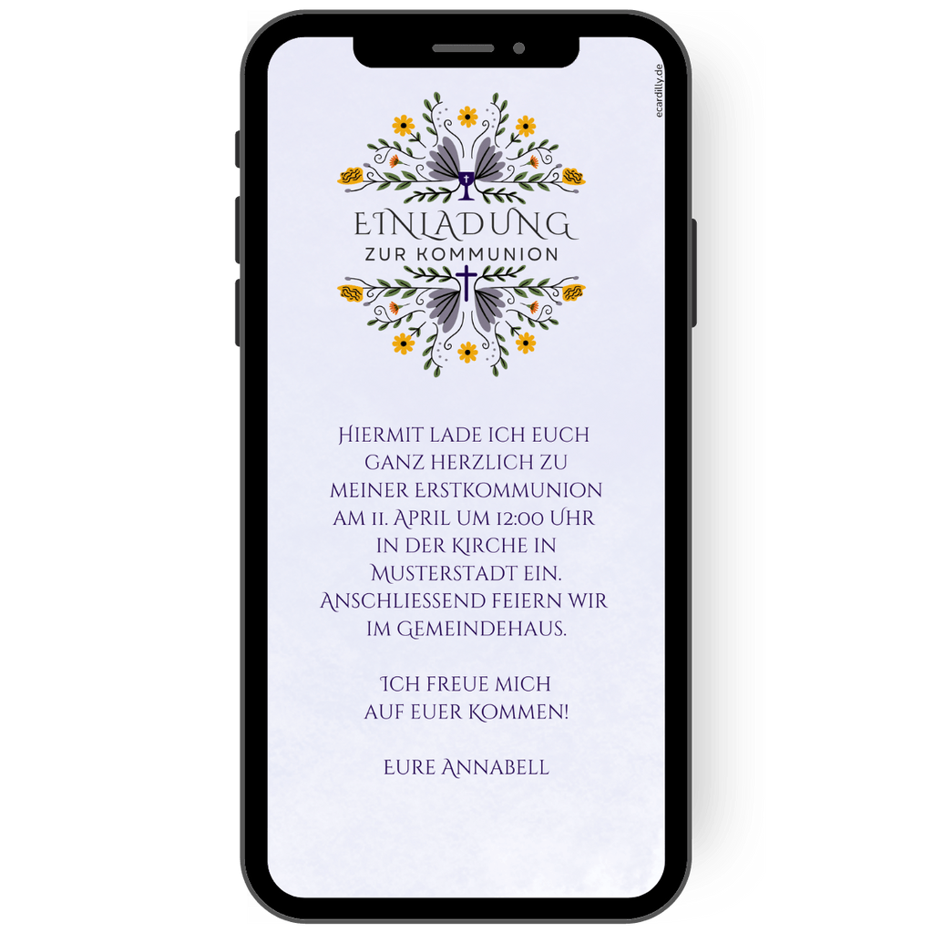 Wunderschöne digitale Einladung Erstkommunion mit floralem Muster