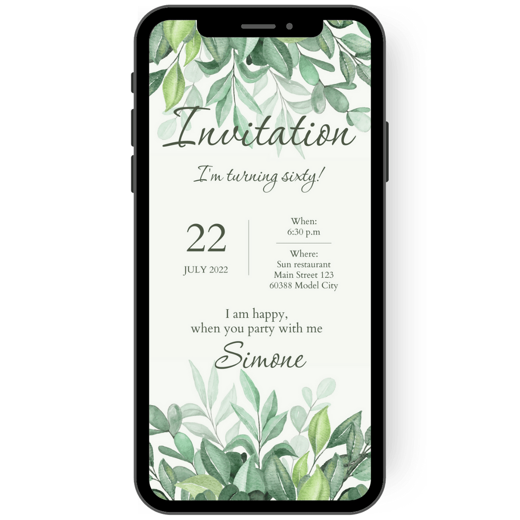 Beautiful floral invitation card with leaves and branches in shades of green and calligraphy lettering inviting you to your birthday.