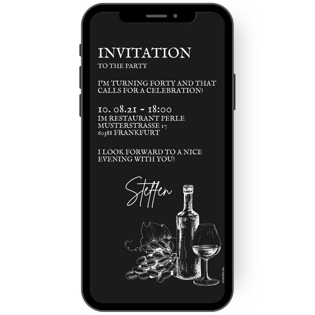 Great eCard as WhatsApp template with black background and chalk lettering plus a graphic with wine bottle, wine glass and grapes.