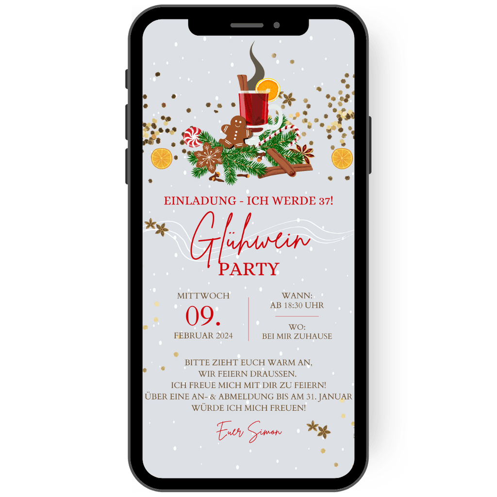 Tolle Einladung zum Glühwein und Punsch. Digitale winterliche Einladungskarte in grau mit Glühwein, Orangen, Zuckerstangen und Lebkuchen. de