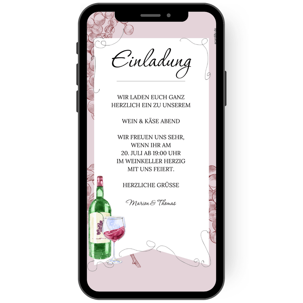 WhatsApp Einladung zur entspannten Wein & Käse Verkostung – Genieße das beste aus beiden Welten mit unserer stilvollen Einladungskarte. de