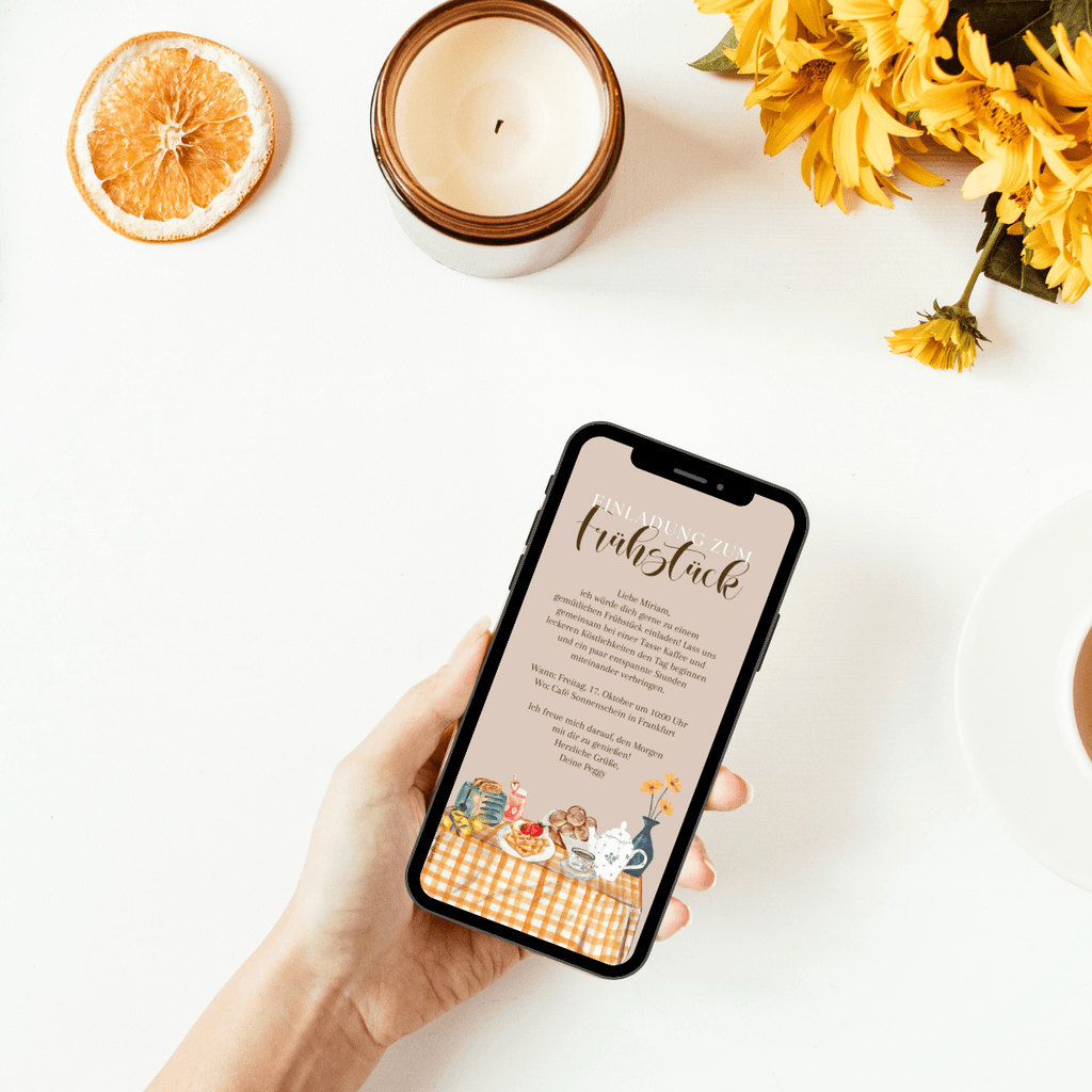 Tolle digitale Einladung zum Fruehstuek mit gedecktem Tisch