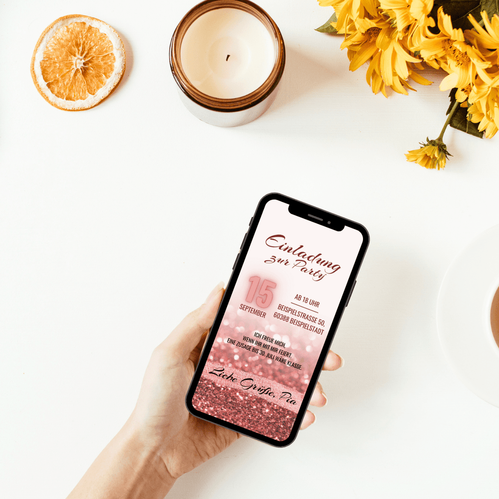 Einladungskarte mit Glitter Glanz Pailletten in rot laden zur Geburtstagsparty ein. Einladungskarte als digitale Einladung mit dem Smartphone versenden.