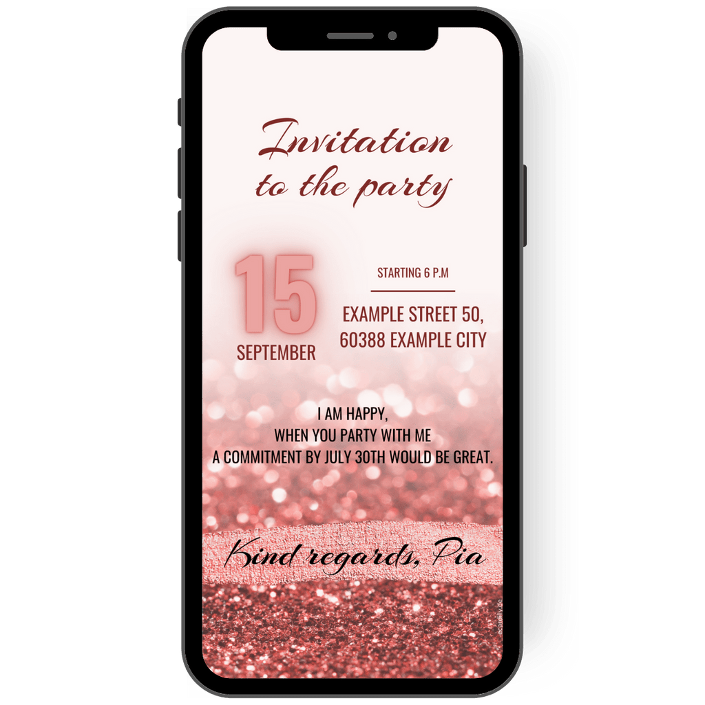 Invitation card with glitter gloss sequins in red invites you to a birthday party. Send the invitation card as a digital invitation with your smartphone.