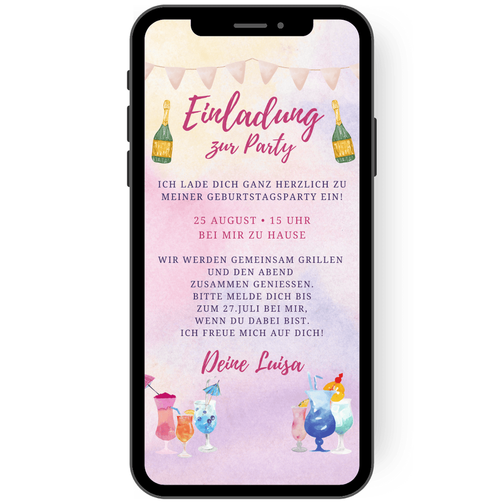 Einladungskarte zum Geburtstag mit Watercolor Optik und bunten Cocktails