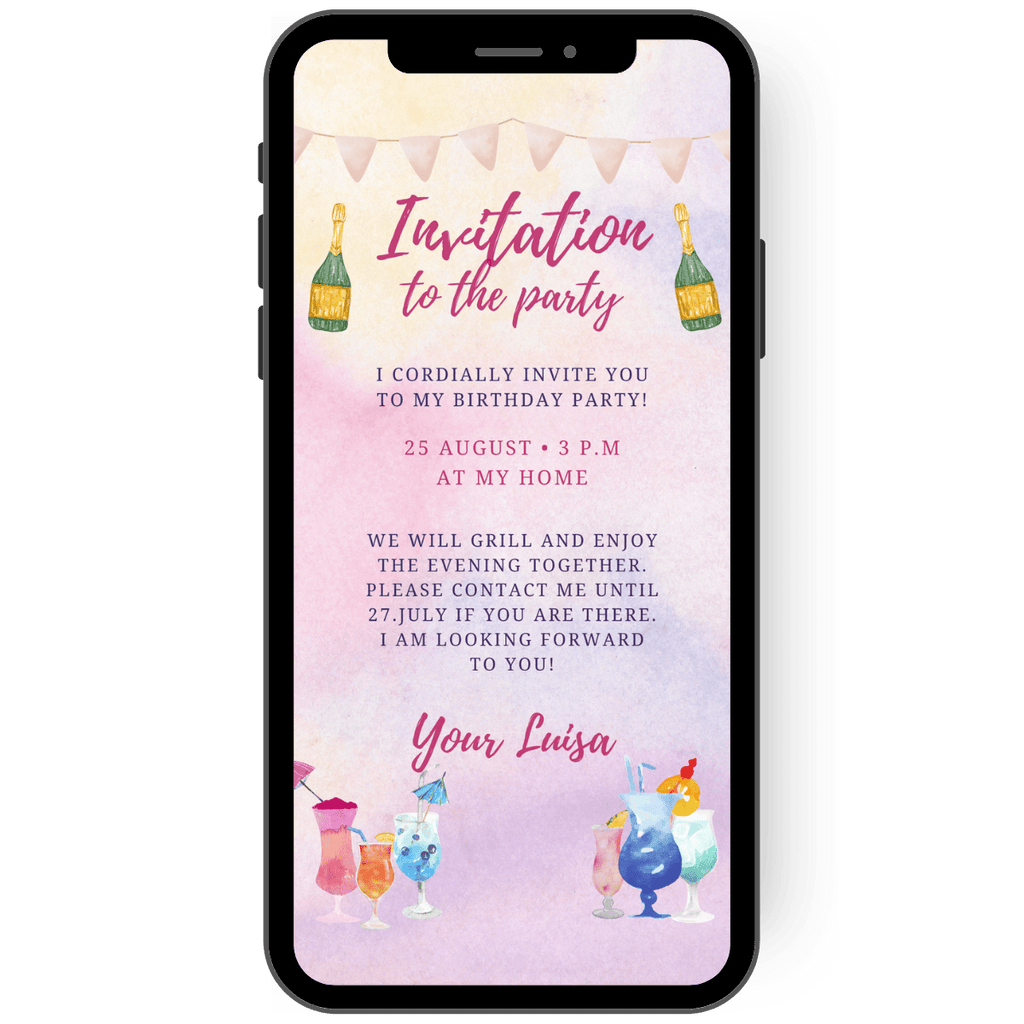 Birthday invitation card with watercolor look and colorful cocktails