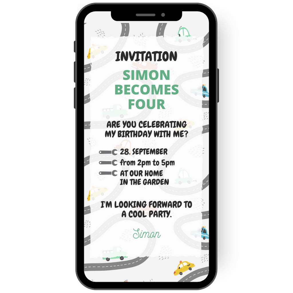 Children's birthday invitation card with colorful cars in yellow, green, blue with roads and tools. Digital invitation card as eCard.