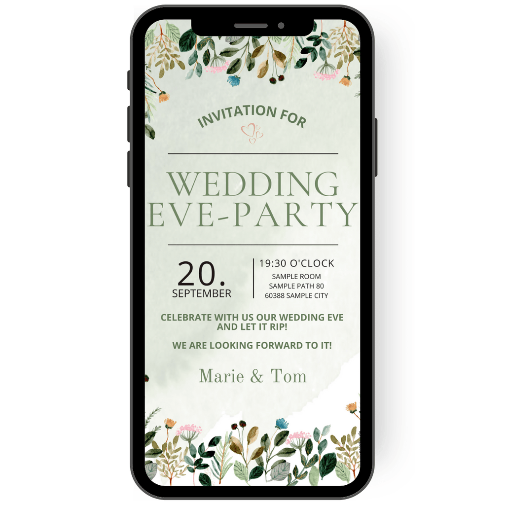 Beautiful bachelorette party invitation card with small hearts in shades of green and a natural look