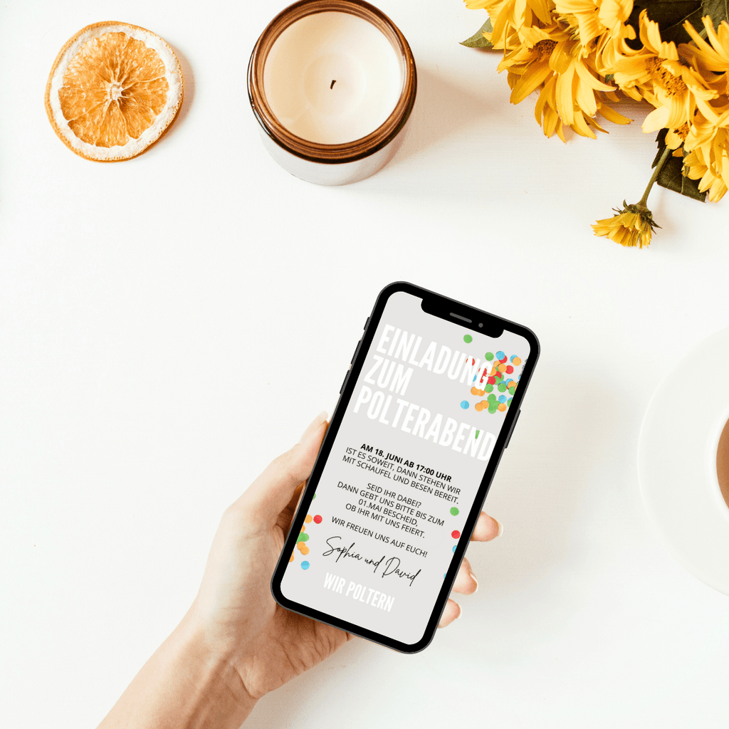 Einladungskarte zum Polterabend mit vielen bunten Konfettipunkten in gelb grün blau rot