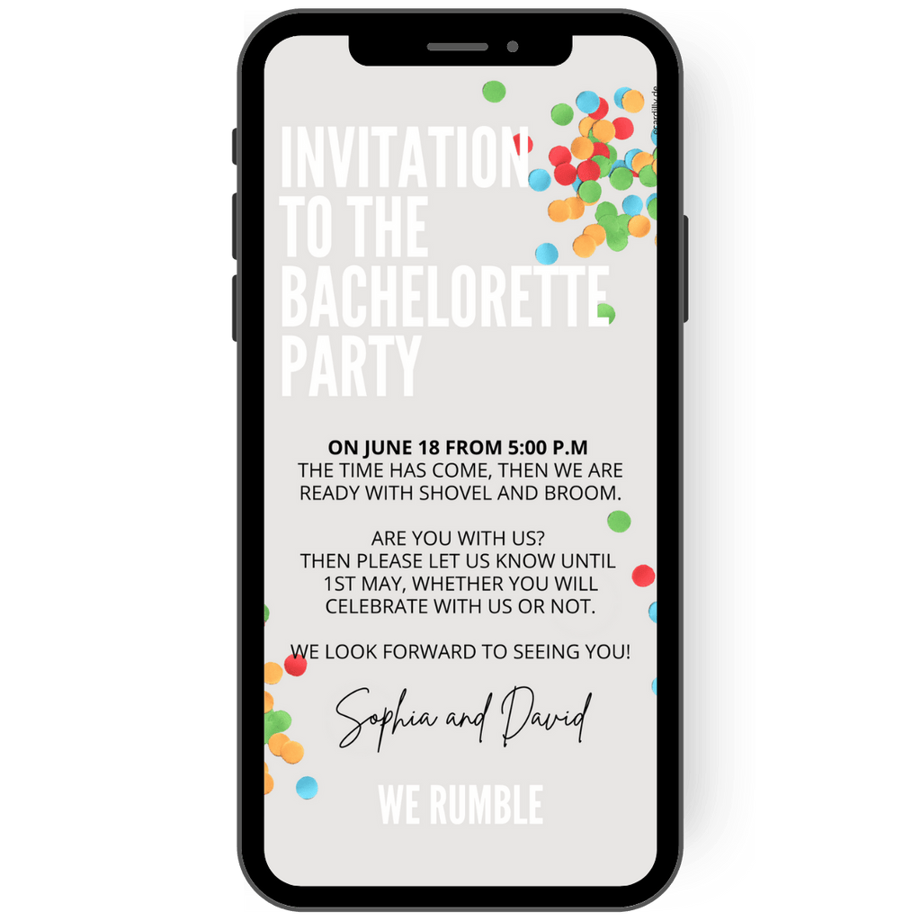 Polterabend invitation card with lots of colorful confetti dots in yellow green blue red