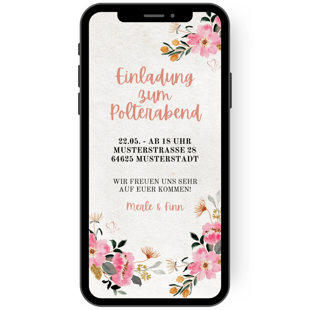 Einladungskarte zum Polterabend in zarten Pastellfarben und Blumen in rosa rose Watercolor