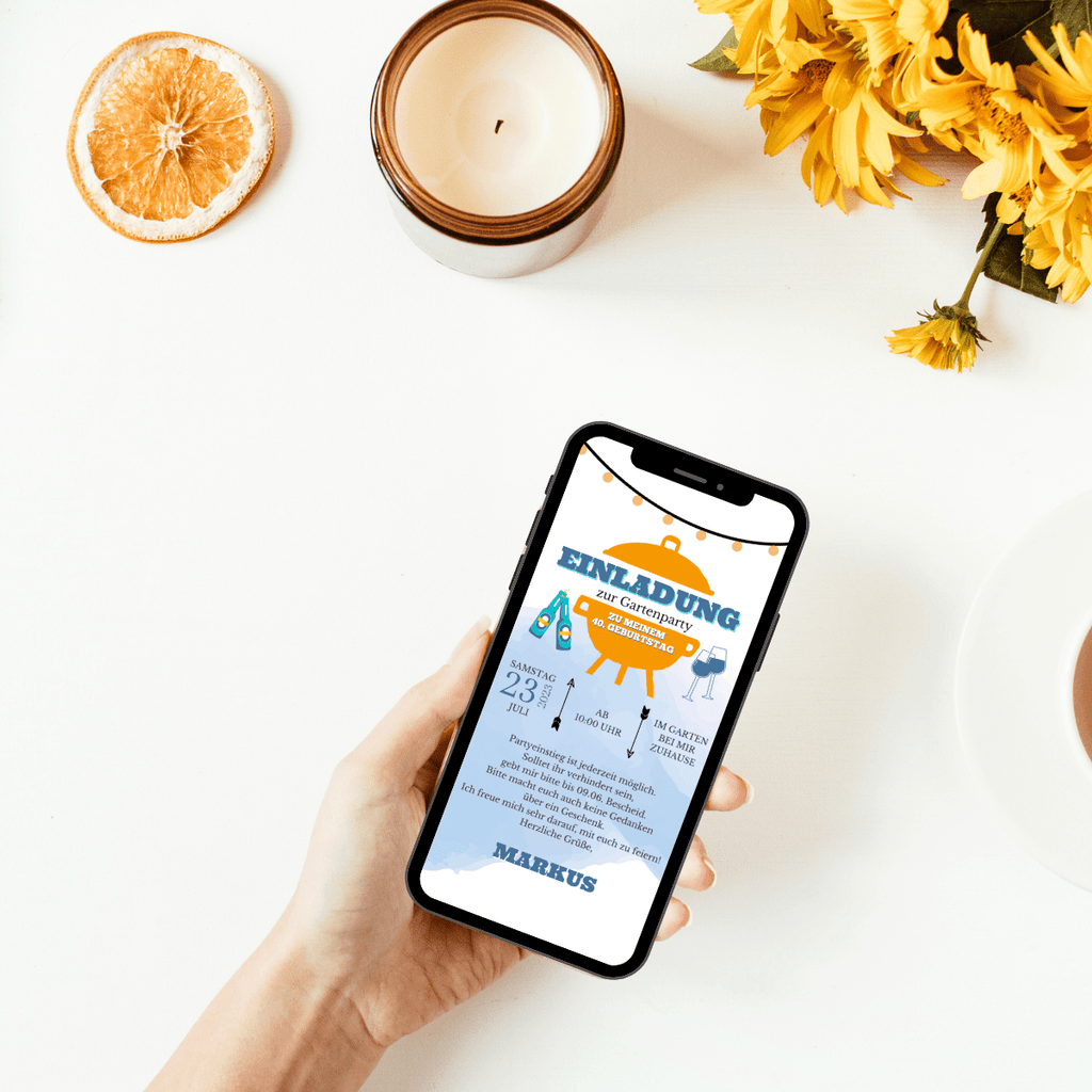 Digitale Einladungskarte zur Gartenparty in blau mit einem Grill und Getränken