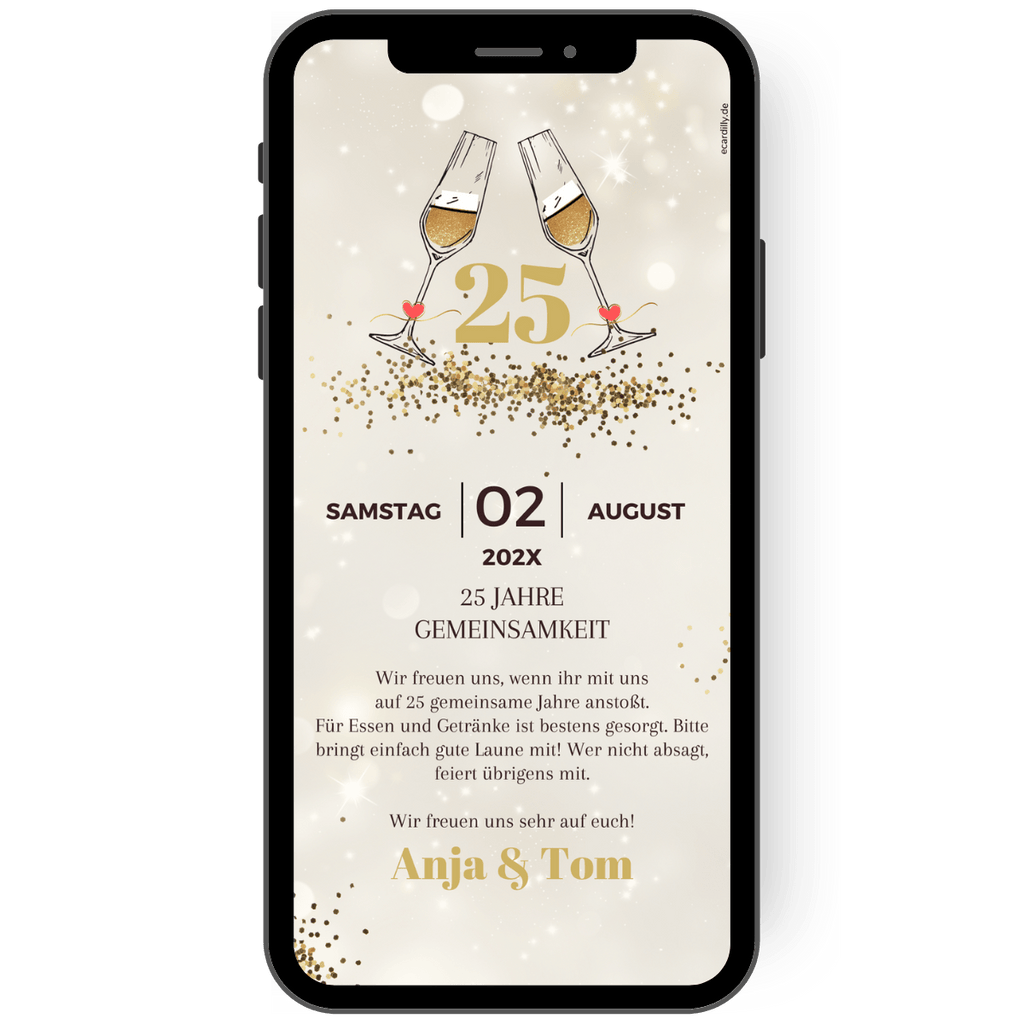 Einladung zur Silberhochzeit in goldtönen und edlem modernen Layout digitale WhatsApp Karte