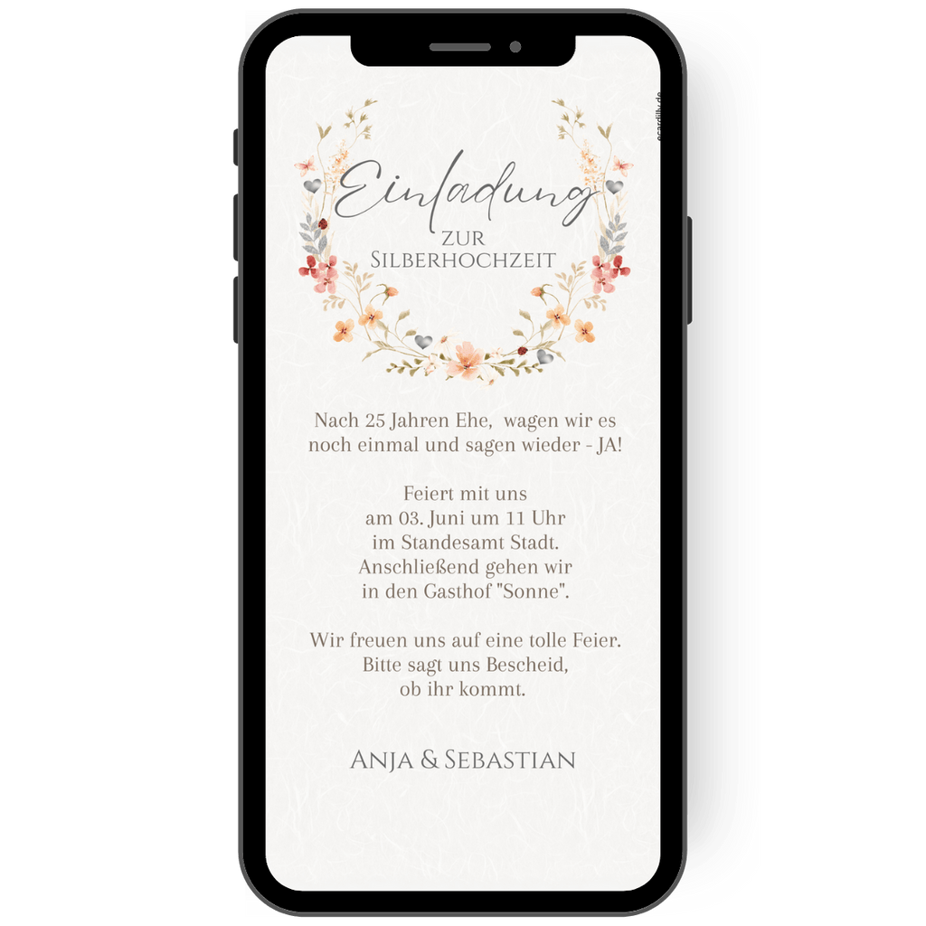 Wunderschöne florale Einladung zur Hochzeit digital und mit WhatsApp versenden.