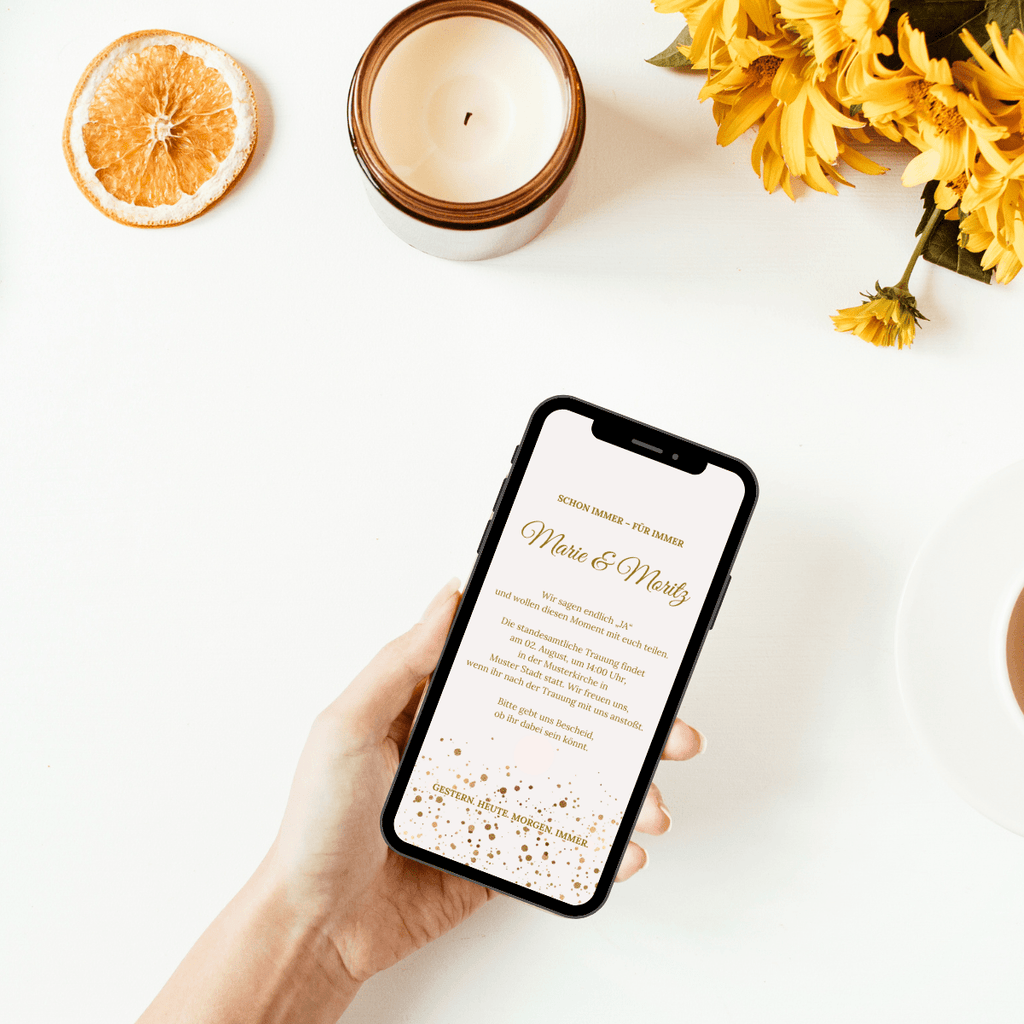 Digitale schlichte Einladung zur Hochzeit mit goldenem Konfetti