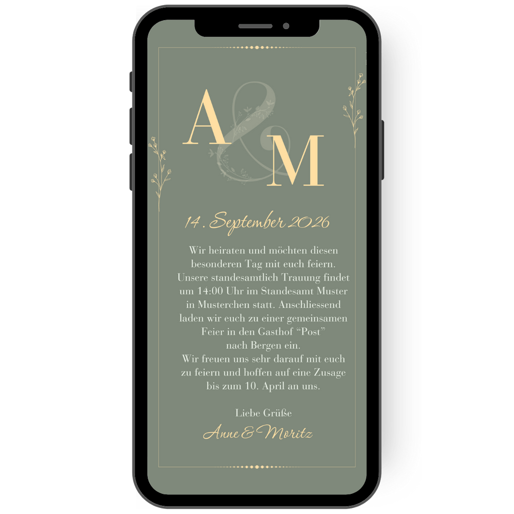 Einladung zur Hochzeit in grün gold edel und digital