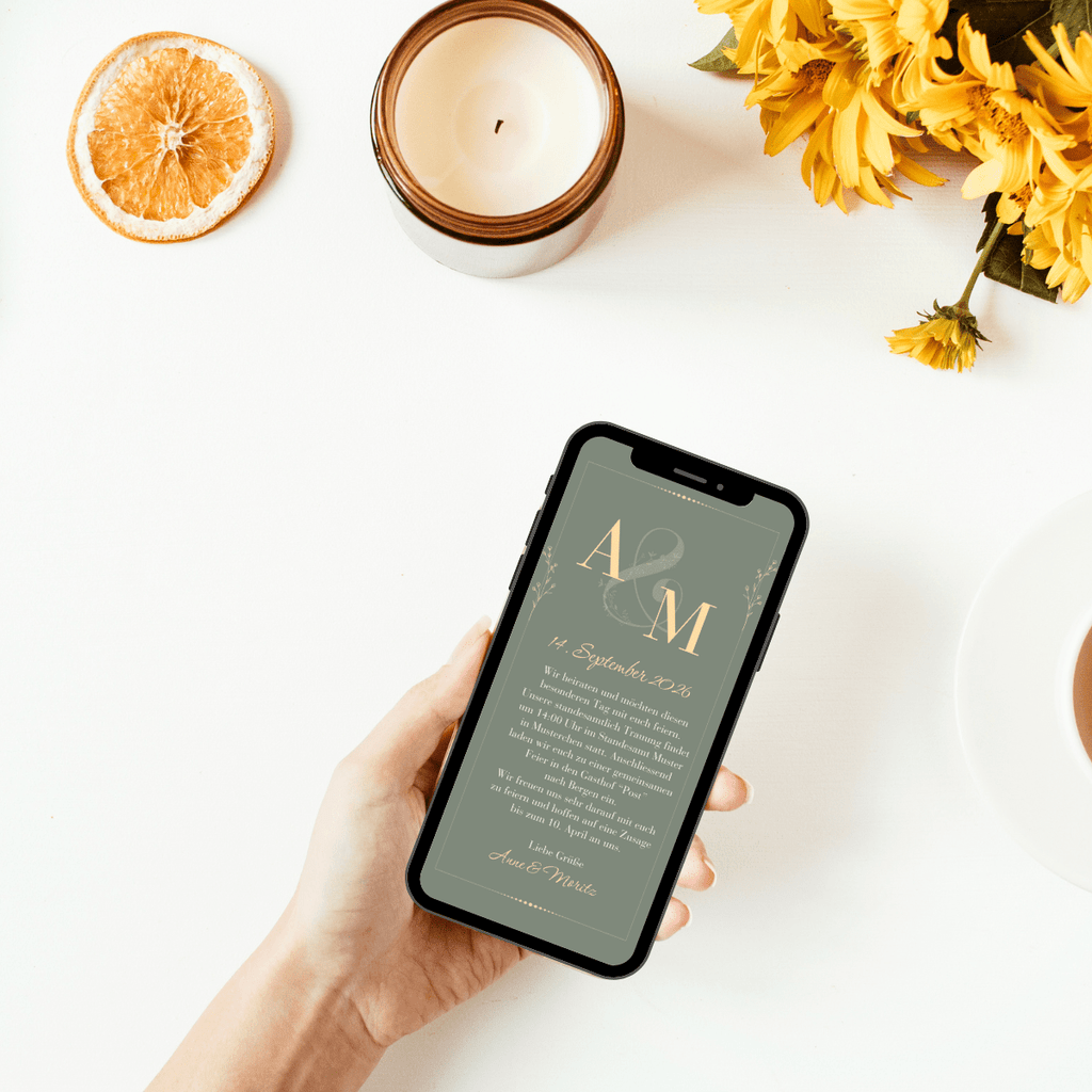 Einladung zur Hochzeit in grün gold edel und digital