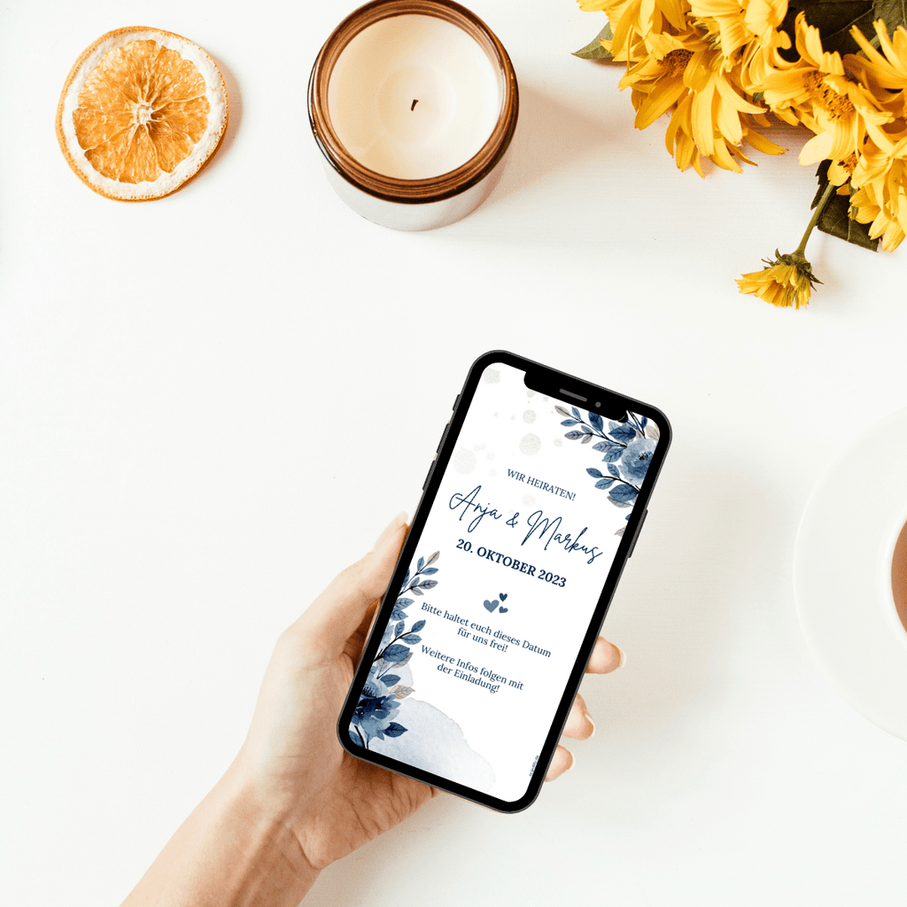 Elegante digitale Einladung zur Hochzeit whatsapp einladung in blau mit Blumen