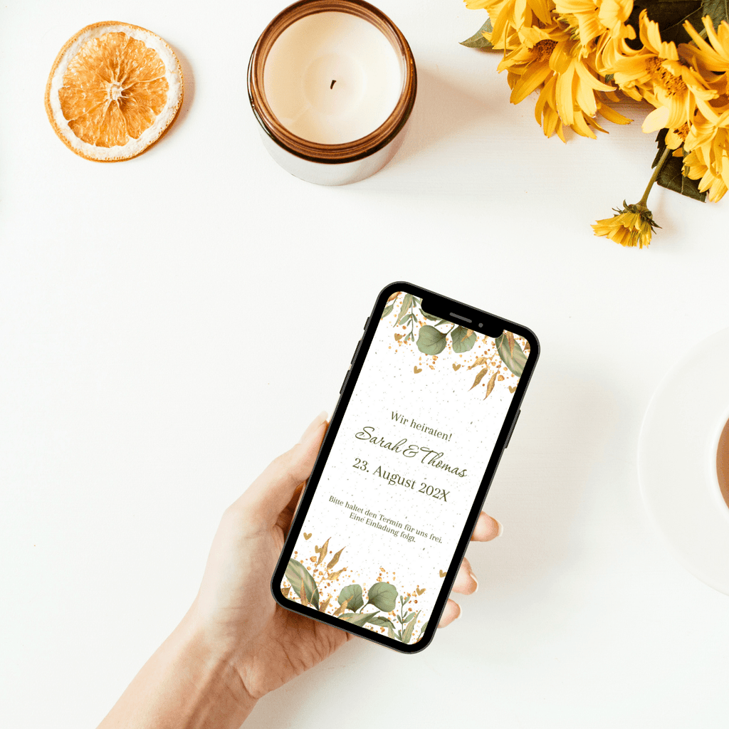 Einladung zur Hochzeit mit goldenen Herzen und Ranken WhatsApp Einladungskarte